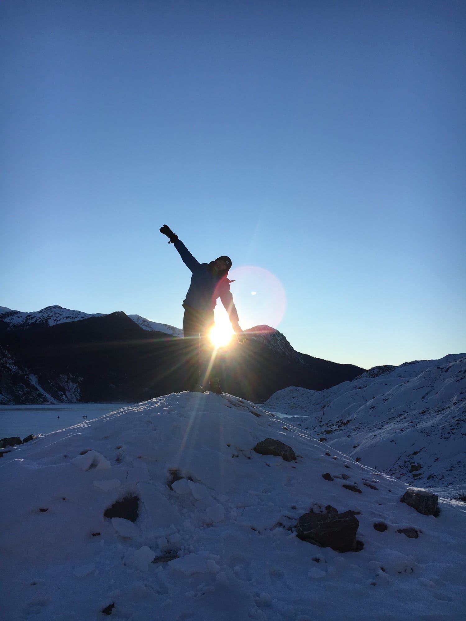 Winter, snowy, cold person silhouette sun.
